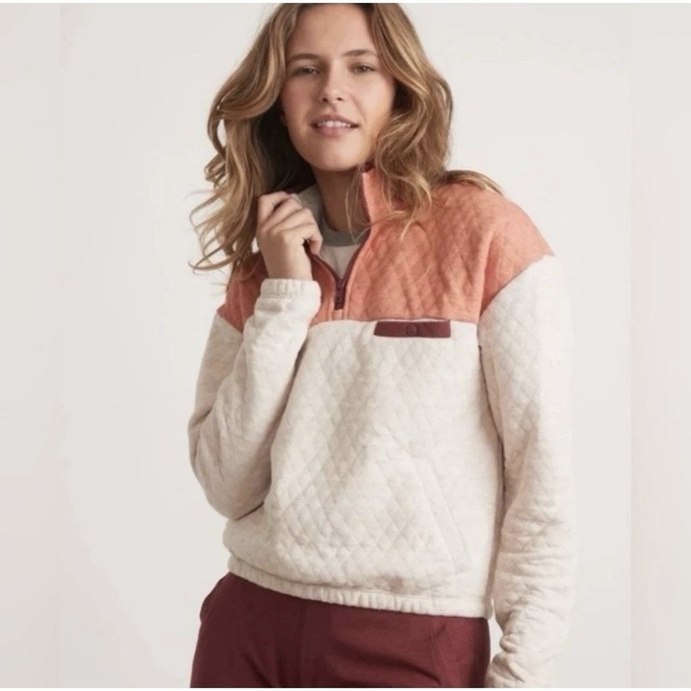 Marine Layer Corbet Pullover Tan‎ Colorblock Quilted 1/4 Zip Peach Maroon Small